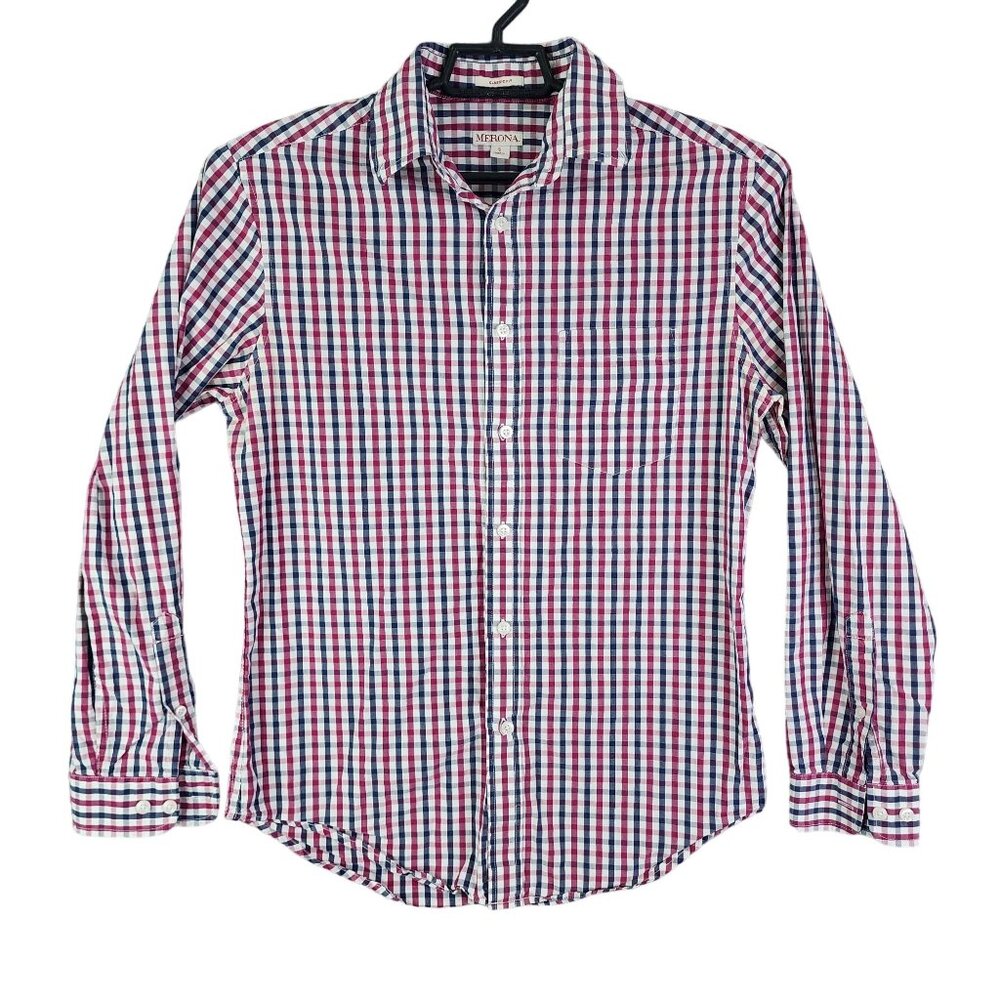 Men's Merona Classic Fit Shirt Long Sleeve Red & Blue Plaid Button Down Size S